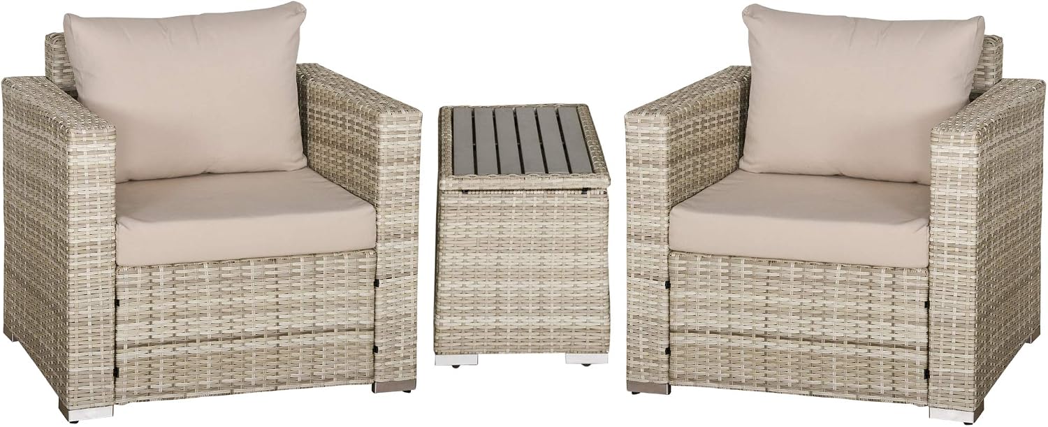 Outsunny 3 Piece Patio Furniture Set, PE Rattan Small Wicker Balcony Furniture, Table & Chairs with Cushions Composite Table, Conversation Set for Apartment, Gray