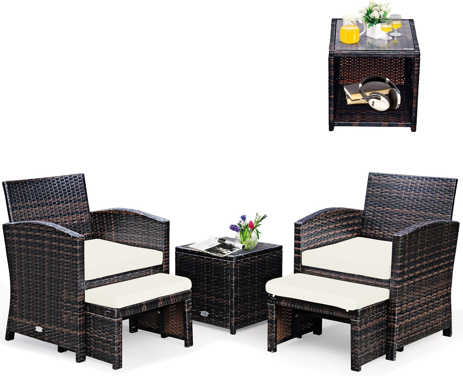 Tangkula 5 Pieces Wicker Patio Conversation Set, PE Rattan Outdoor Chairs & Ottomans Set with Single-Door Storage Coffee Table, Space-Saving Patio Furniture for Poolside, Backyard, Lawn, Deck (White)