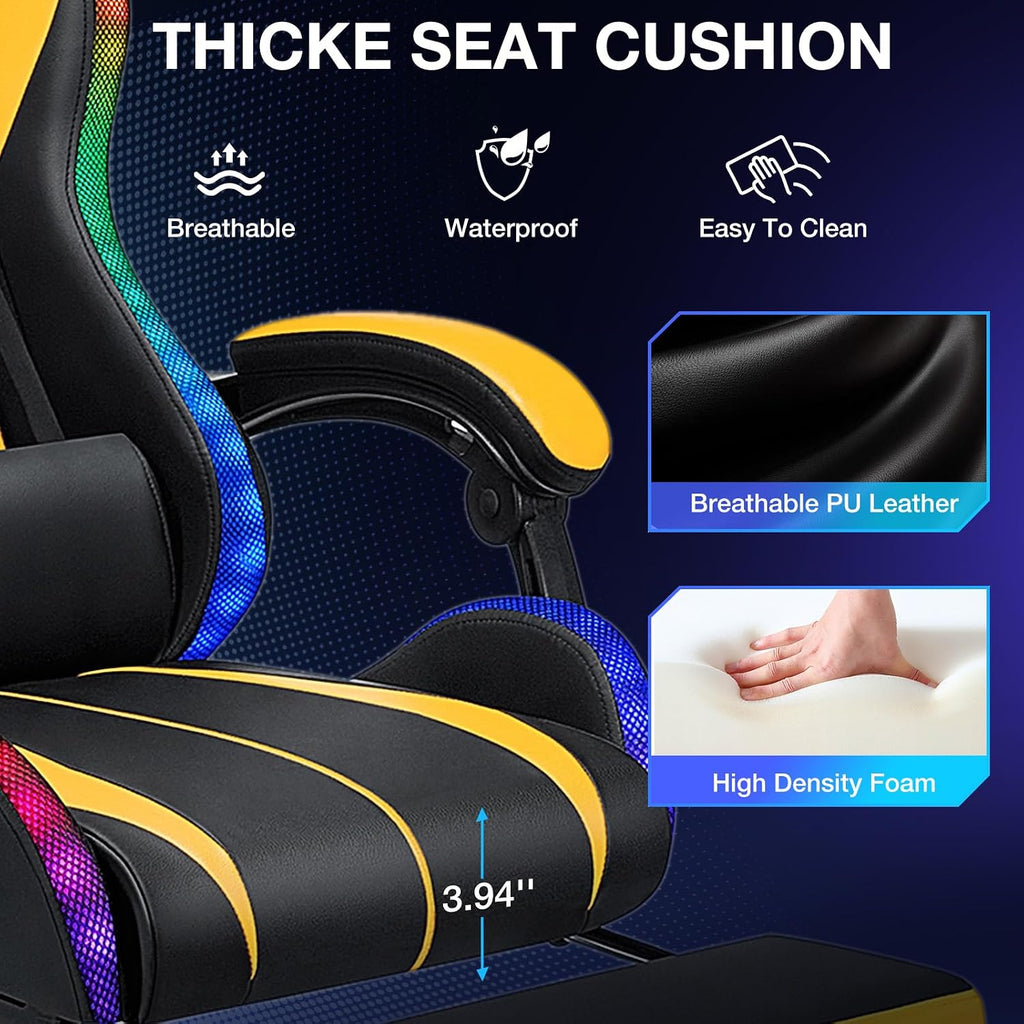 Gaming Chair with Bluetooth Speakers and LED RGB Lights Ergonomic Massage Computer Gaming Chair with Footrest High Back Music Video Game Chair with Lumbar Support Yellow and Black