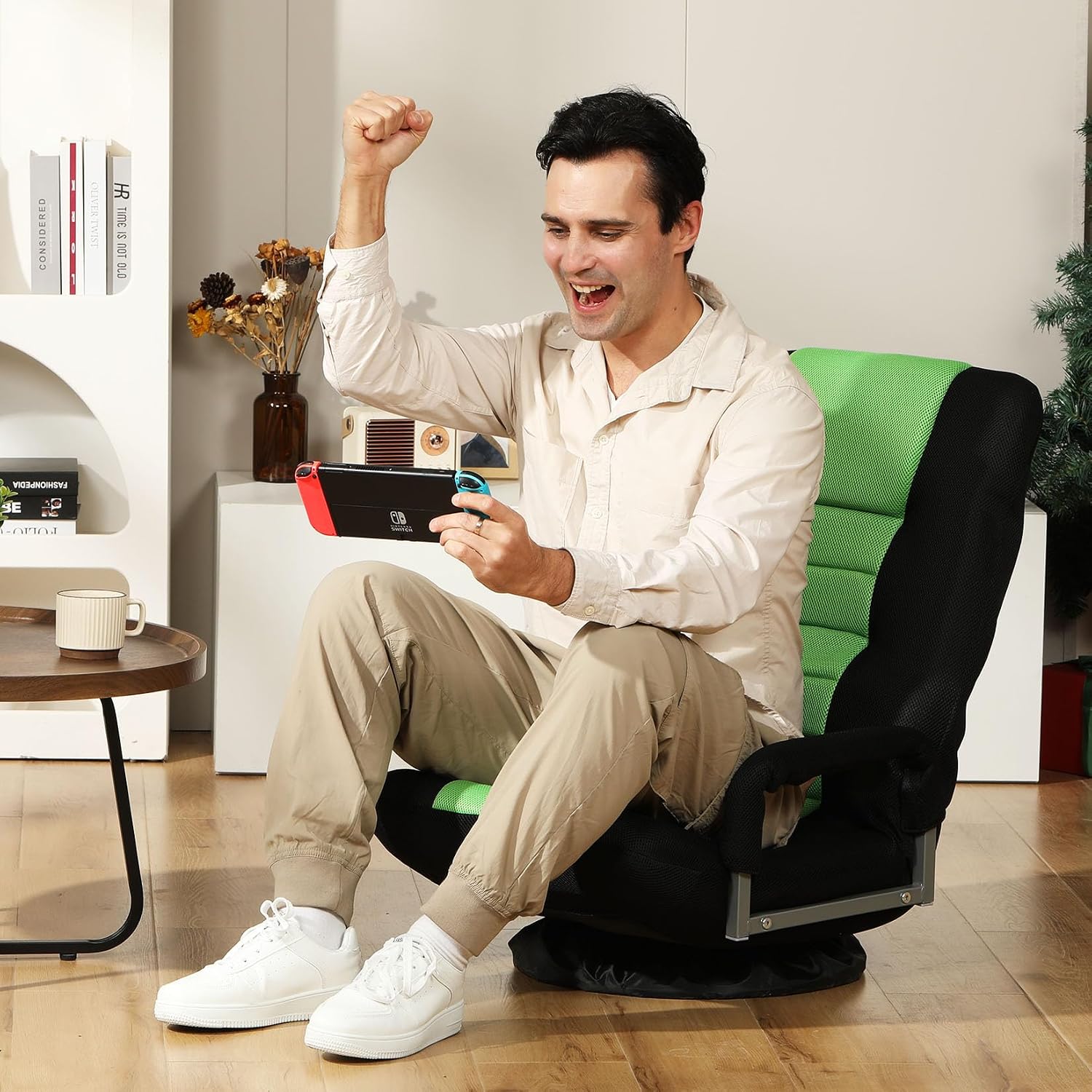 Swivel Gaming Chair Multipurpose 2PACK Floor Gaming Chair for Playing Video Games, TV, Reading w/Armrest Lumbar Support & 6 Adjustable Postion Backrest for Adults,Green