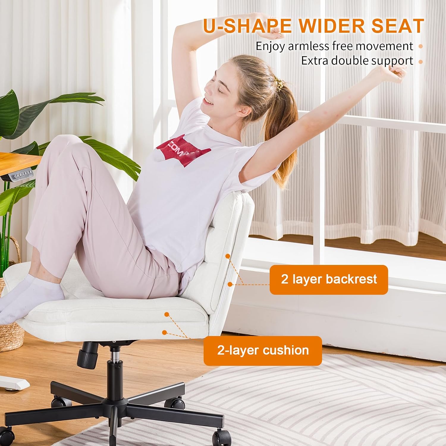 COMHOMA Cross Legged Office Chair with Wheels Armless-Office Desk Chair, Modern Vanity Computer Task Chairs for Home Bedroom, Comfortable Wide Seat for Lower Back Pain Relief, Soft Velvet, Beige