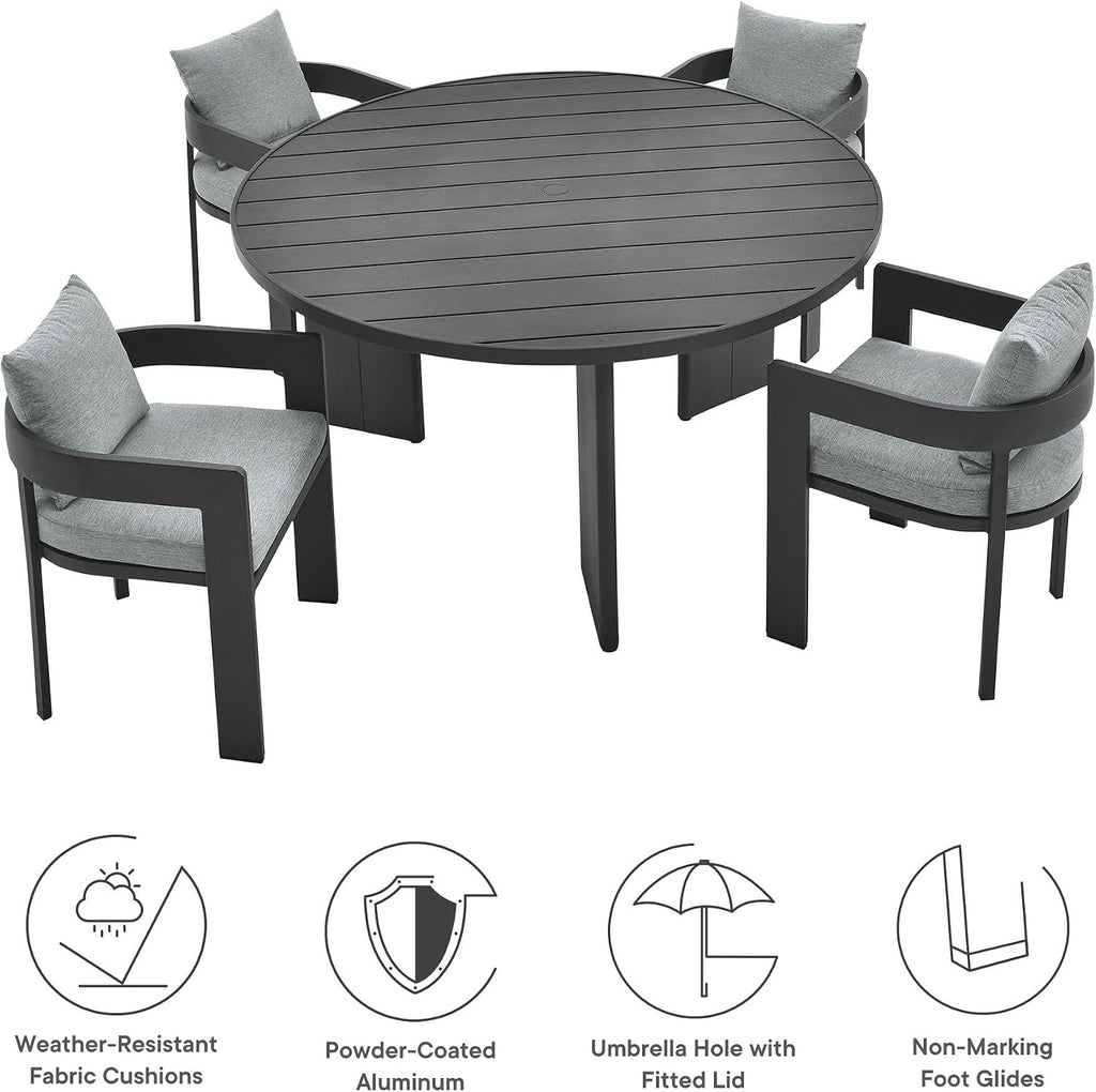 Modway Tahoe Outdoor Patio Powder-Coated Aluminum 5-Piece Dining Set in Gray Gray - Round Patio Furniture Set for 4 - Outside Table with Umbrella Hole and Cushioned Chairs - Modern Patio Set
