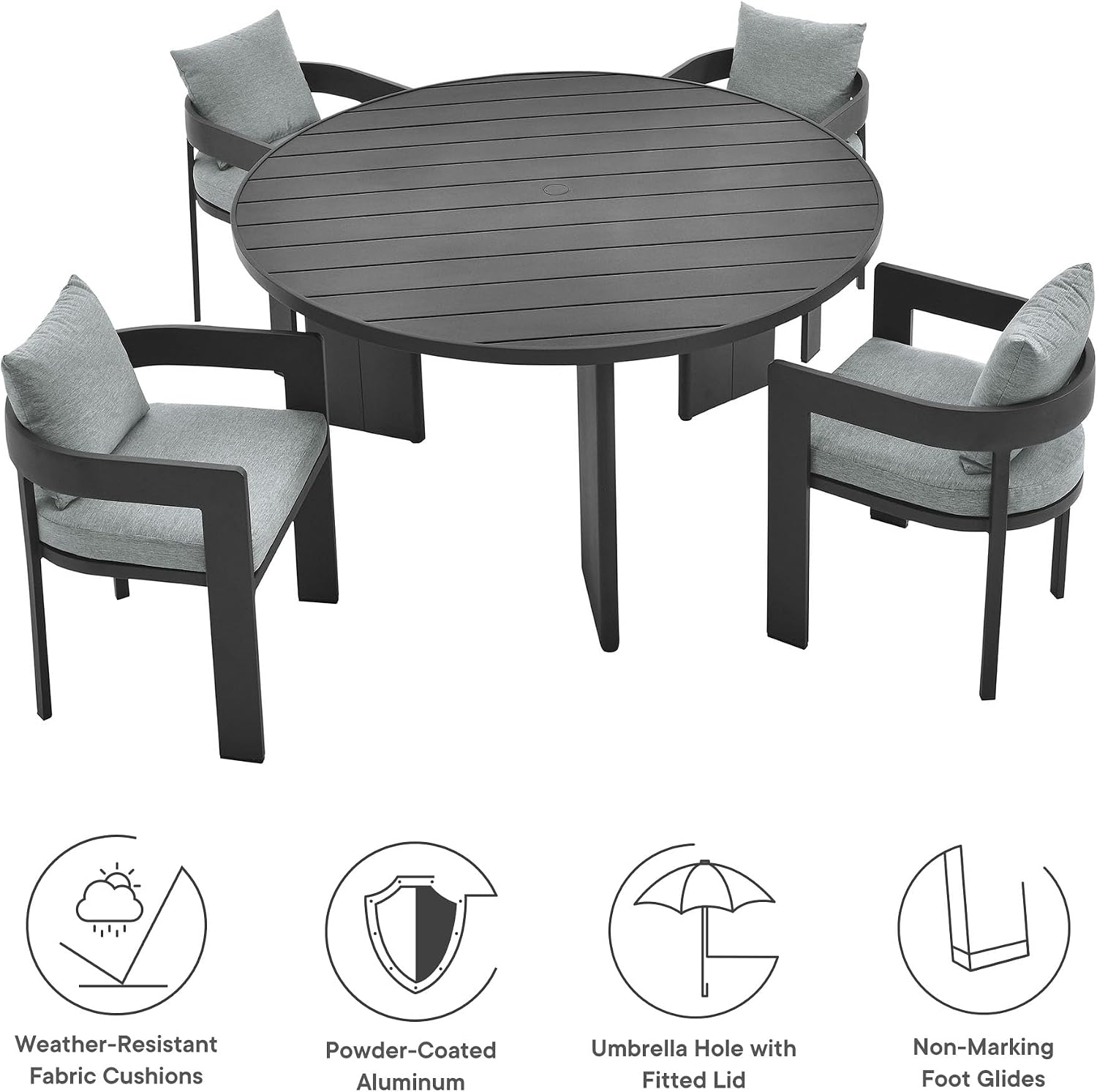 Modway Tahoe Outdoor Patio Powder-Coated Aluminum 5-Piece Dining Set in Gray Gray - Round Patio Furniture Set for 4 - Outside Table with Umbrella Hole and Cushioned Chairs - Modern Patio Set