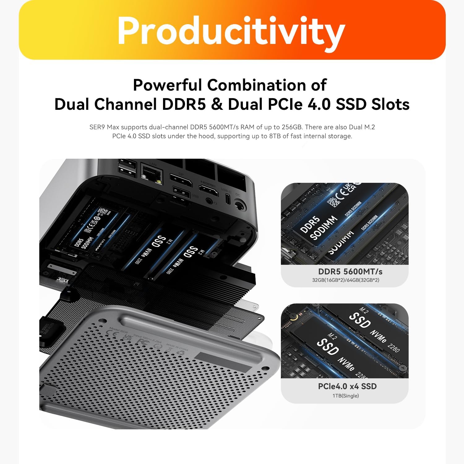 Beelink SER9 Max AI Mini PC, AMD Ryzen AI 7 H 350(8C/16T,5.0GHz), 64G DDR5 1TB PCIe4.0 x4 SSD, AI PC AMD Radeon 860M NPU 50 AI Tops, Dual Audio Jacks/USB4/WiFi6/BT5.2/10G LAN