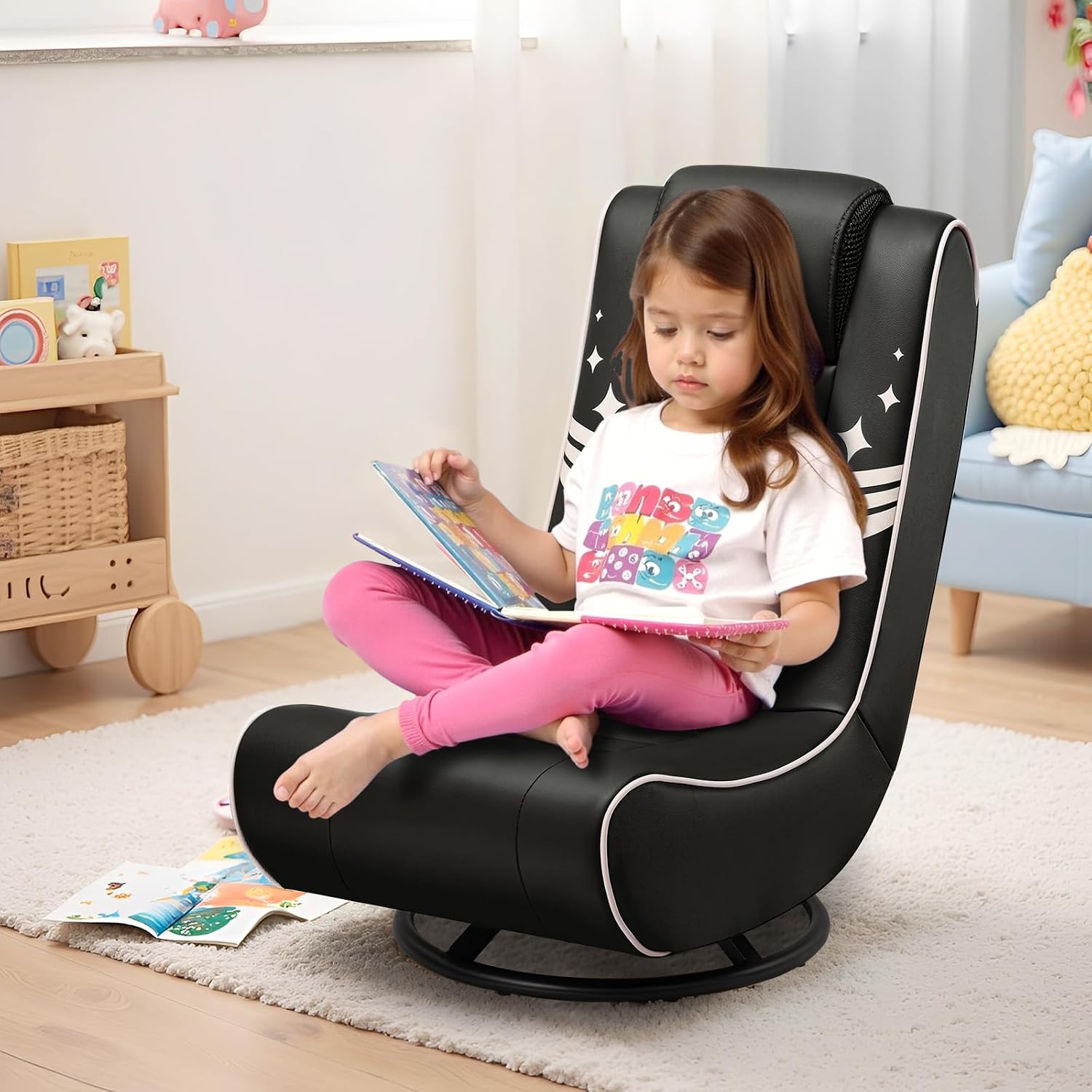 GTPLAYER Floor Gaming Chair Foldable Swivel Floor Chairs for Kids Boys Comfy Video Game Seat with 360° Multipurpose for Gamers, Bedroom or Game Room (Gold)