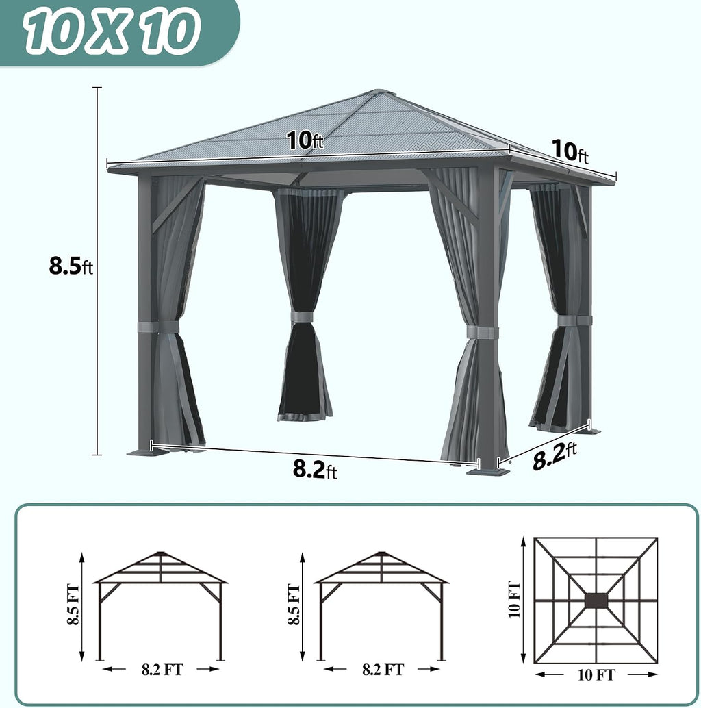 10'x10' Hardtop Gazebo, Outdoor Polycarbonate Roof Gazebo, Heavy Duty Metal Permanent Pavilion with Curtains & Netting for Backyard, Patio, Deck (Polycarbonate Top)