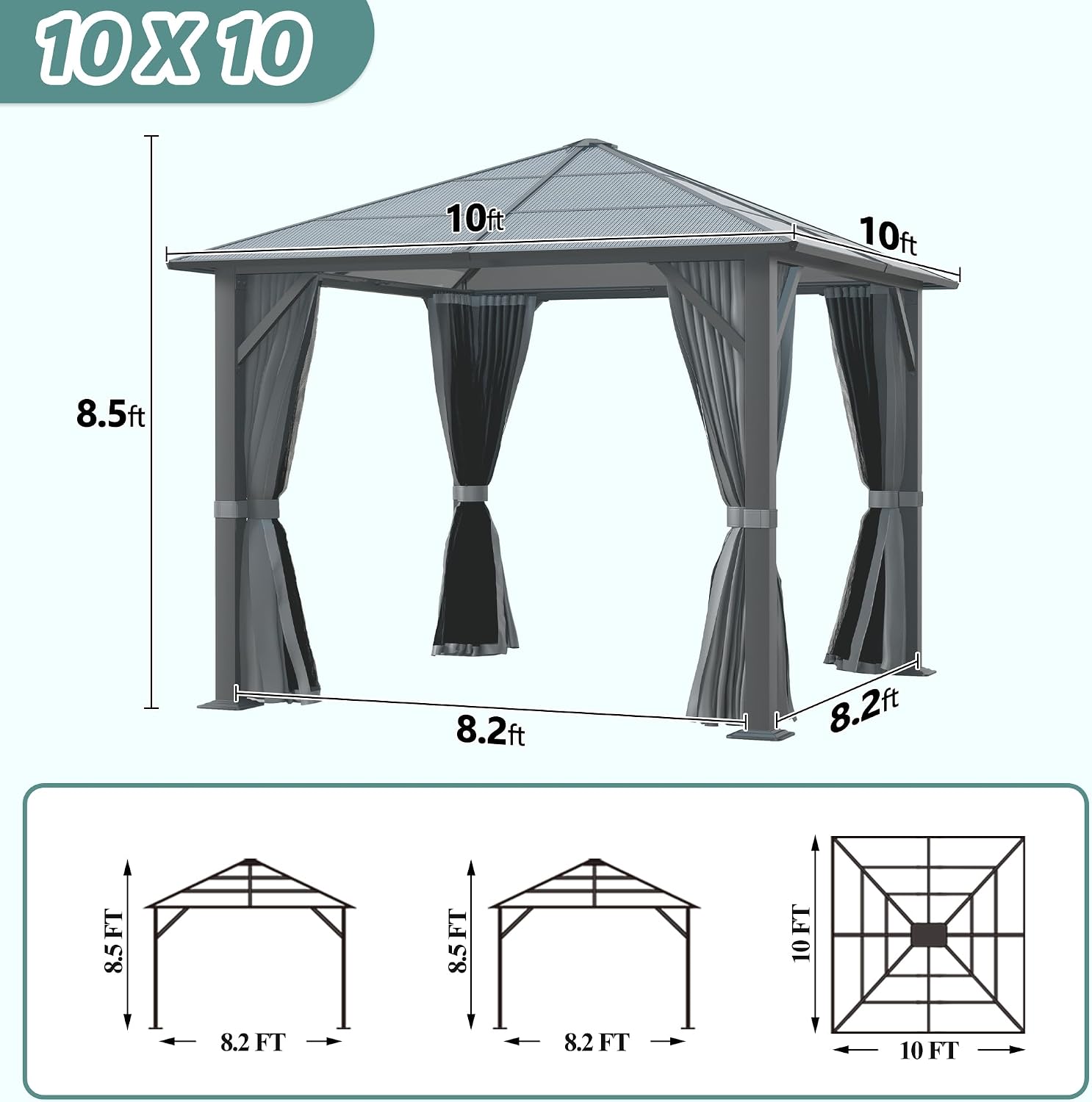 10'x10' Hardtop Gazebo, Outdoor Polycarbonate Roof Gazebo, Heavy Duty Metal Permanent Pavilion with Curtains & Netting for Backyard, Patio, Deck (Polycarbonate Top)