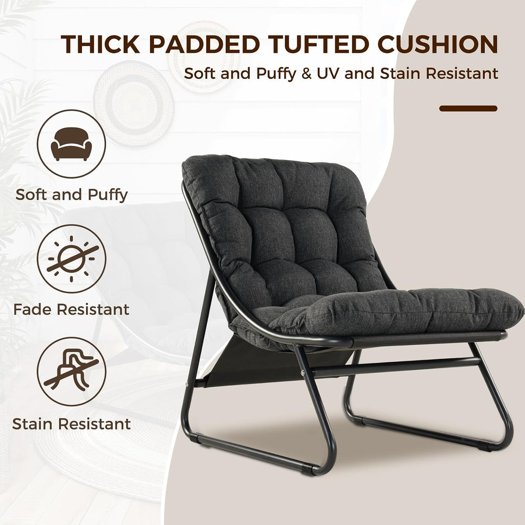 Grand patio Outdoor Chair with Ottoman, Comfy Lounge Chair with Puffy Cushion and Foot Rest, Modern Metal Chair for Patio Porch Deck Living Room, Dark Gray