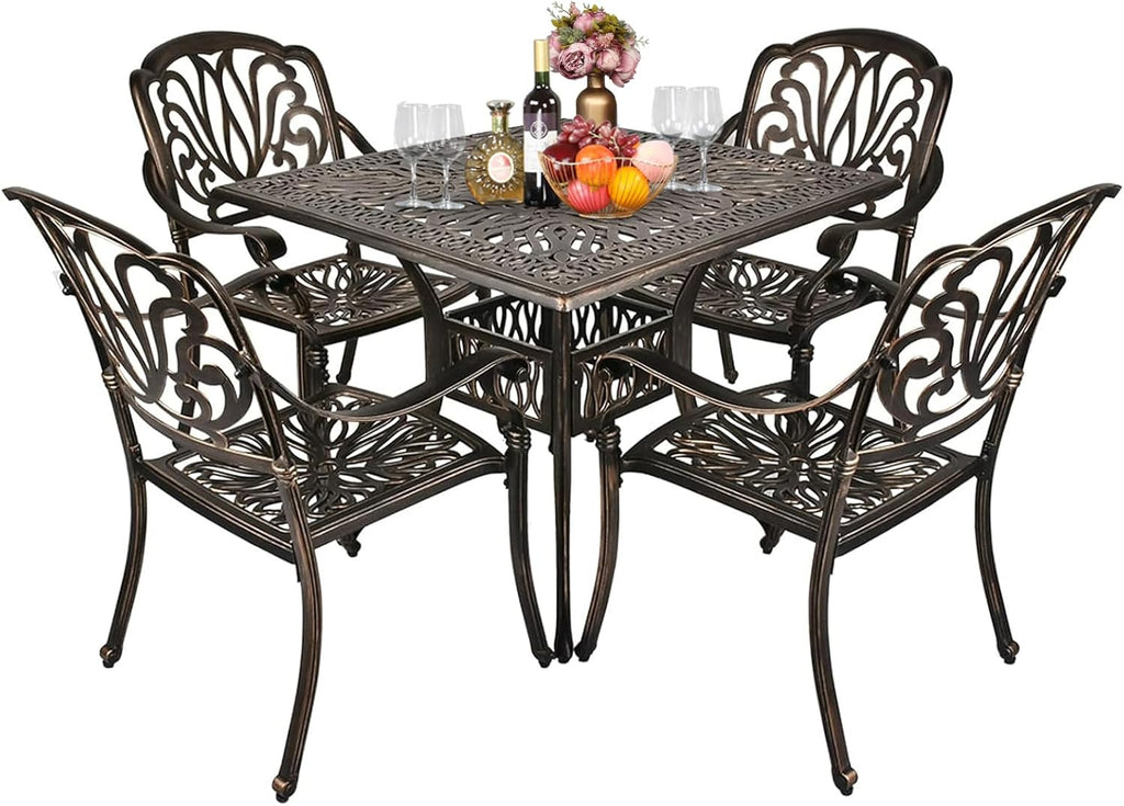 VINGLI 5 Pieces Outdoor Patio Dining Set, Cast Aluminium Patio Furniture Set with 4 Chairs and 1 Umbrella Table for Yard, Garden, Porch and Poolside, Bronze