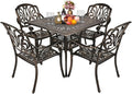 VINGLI 5 Pieces Outdoor Patio Dining Set, Cast Aluminium Patio Furniture Set with 4 Chairs and 1 Umbrella Table for Yard, Garden, Porch and Poolside, Bronze