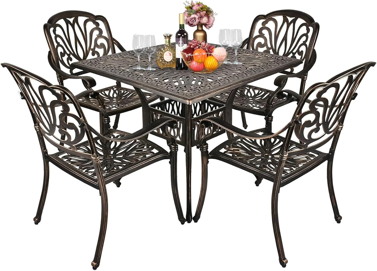 VINGLI 5 Pieces Outdoor Patio Dining Set, Cast Aluminium Patio Furniture Set with 4 Chairs and 1 Umbrella Table for Yard, Garden, Porch and Poolside, Bronze