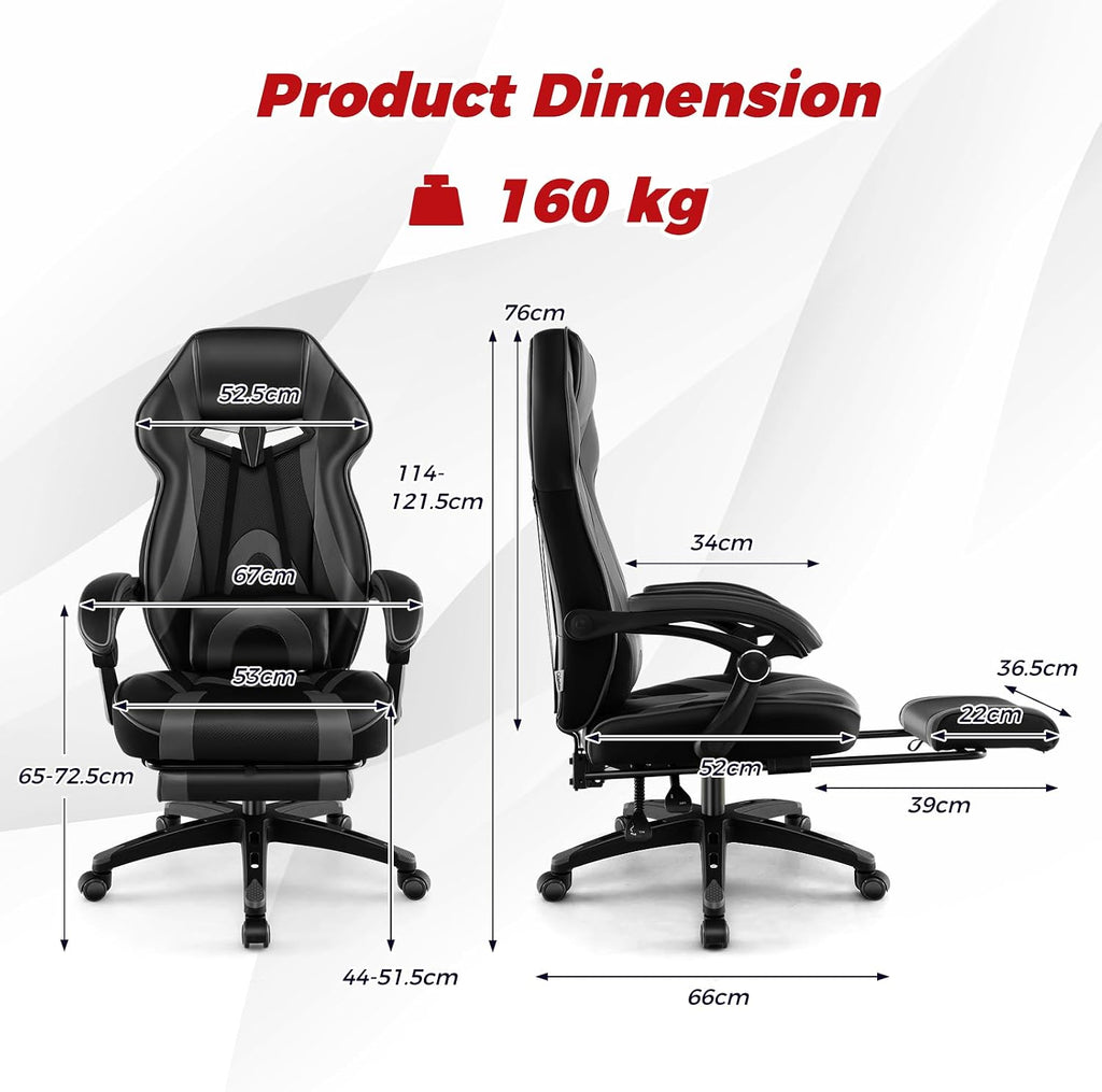 COSTWAY Gaming Chair, Ergonomic Adjustable Racing Video Game Chair w/Retractable Footrest, Padded Headrest & Lumbar Support, High Back Reclining Home Office Computer Gamer Chair for Adults (Grey)