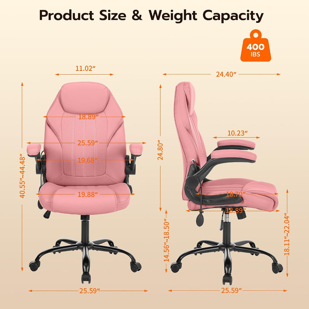 Ylzyxal Office Desk Chair, Ergonomic Computer Chair with Padded Flip-Up Arms and Adjustable Lumbar Support, PU Leather Executive Chair with Tilt Lock and 360° Swivel Rolling Wheels for Work, Study