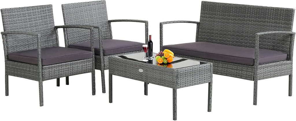 Tangkula 4 Piece Patio Furniture Set, Patiojoy Outdoor Wicker Conversation with Soft Cushion, Glass Tabletop, Solid Steel Frame, Sectional Sofa for Backyard, Poolside, Balcony