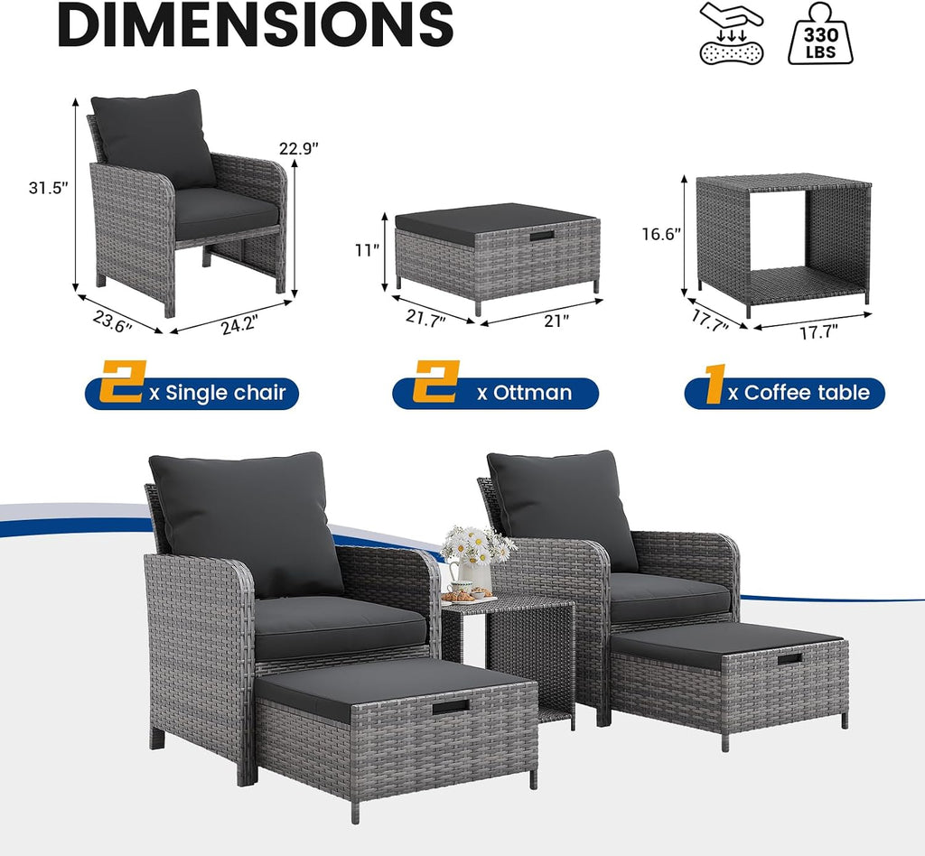 UDPATIO Wicker Patio Chairs with Ottoman Balcony Furniture 5 Pieces Patio Conversation Set with Pull Out Ottoman for Small Space