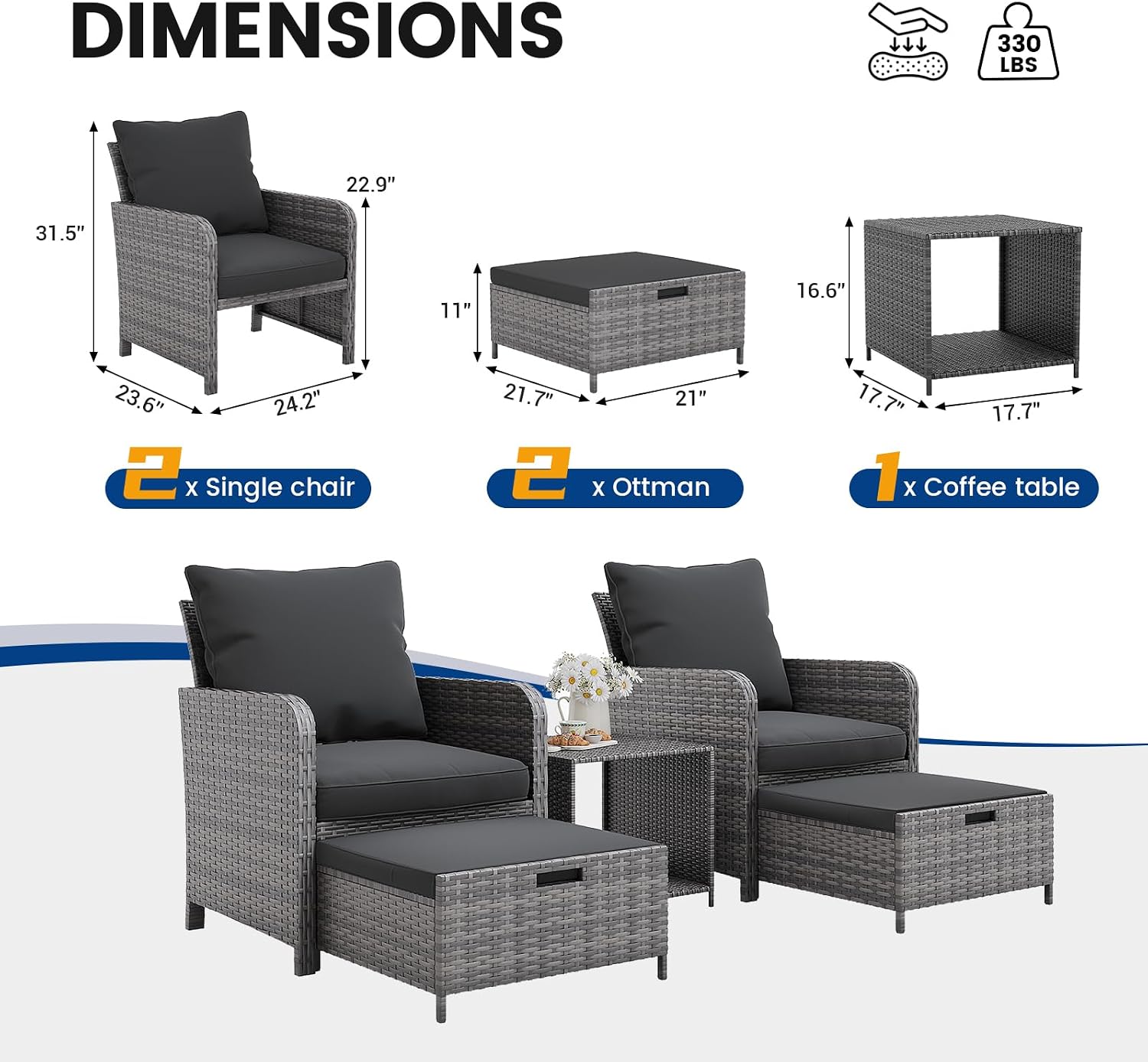 UDPATIO Wicker Patio Chairs with Ottoman Balcony Furniture 5 Pieces Patio Conversation Set with Pull Out Ottoman for Small Space