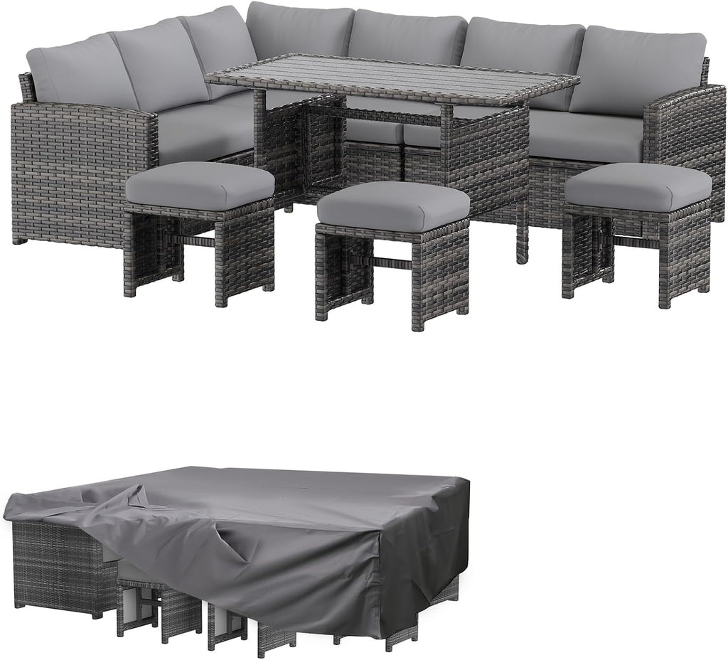 AECOJOY Outdoor Patio Furniture Set with Waterproof Cover, 7 Pieces Clearance Sectional Rattan Dining Table&Chairs, All Weather Wicker Conversation Sofa Couch, Grey Cushions&Grey Rattan