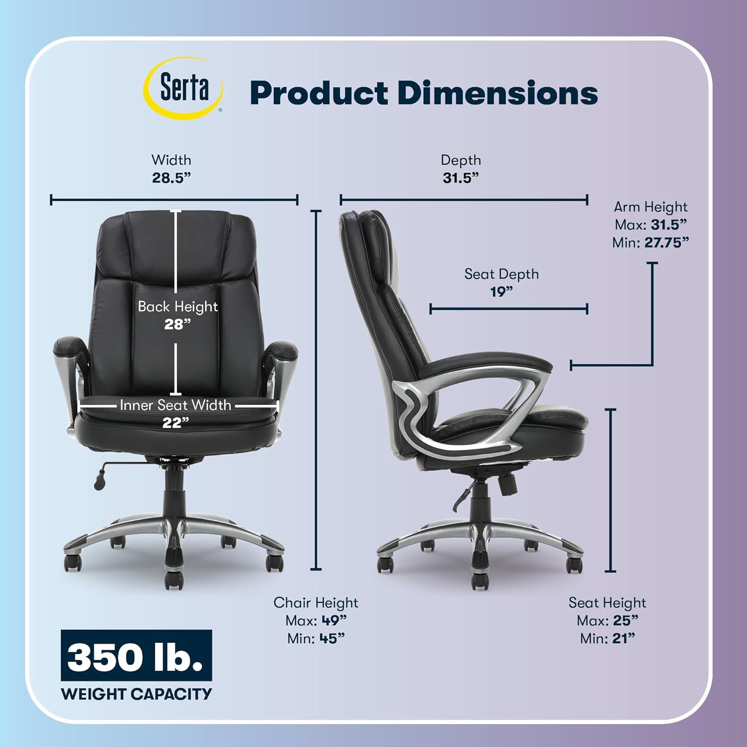 Serta Fairbanks Big and Tall Executive Office Chair - Ergonomic High Back Computer Desk Chair with Lumbar Support, Memory Foam Seat Cushion, Padded Armrests, Bonded Leather, 350 lb Capacity - Black