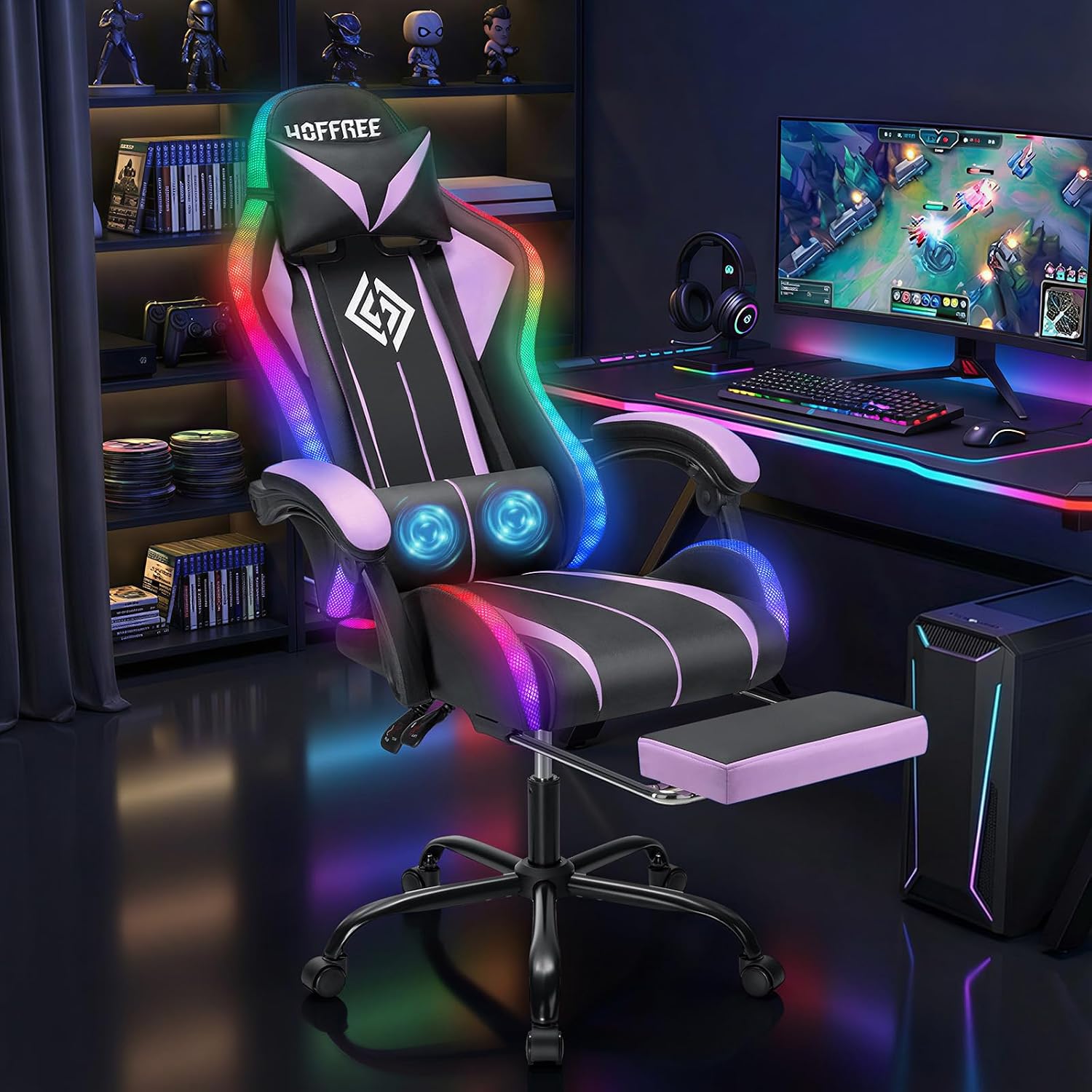 RGB Gaming Chair Massage with LED Lights Ergonomic Computer Gaming Chair with Footrest High Back Video Game Chairs with Adjustable Lumbar Support Purple and Black
