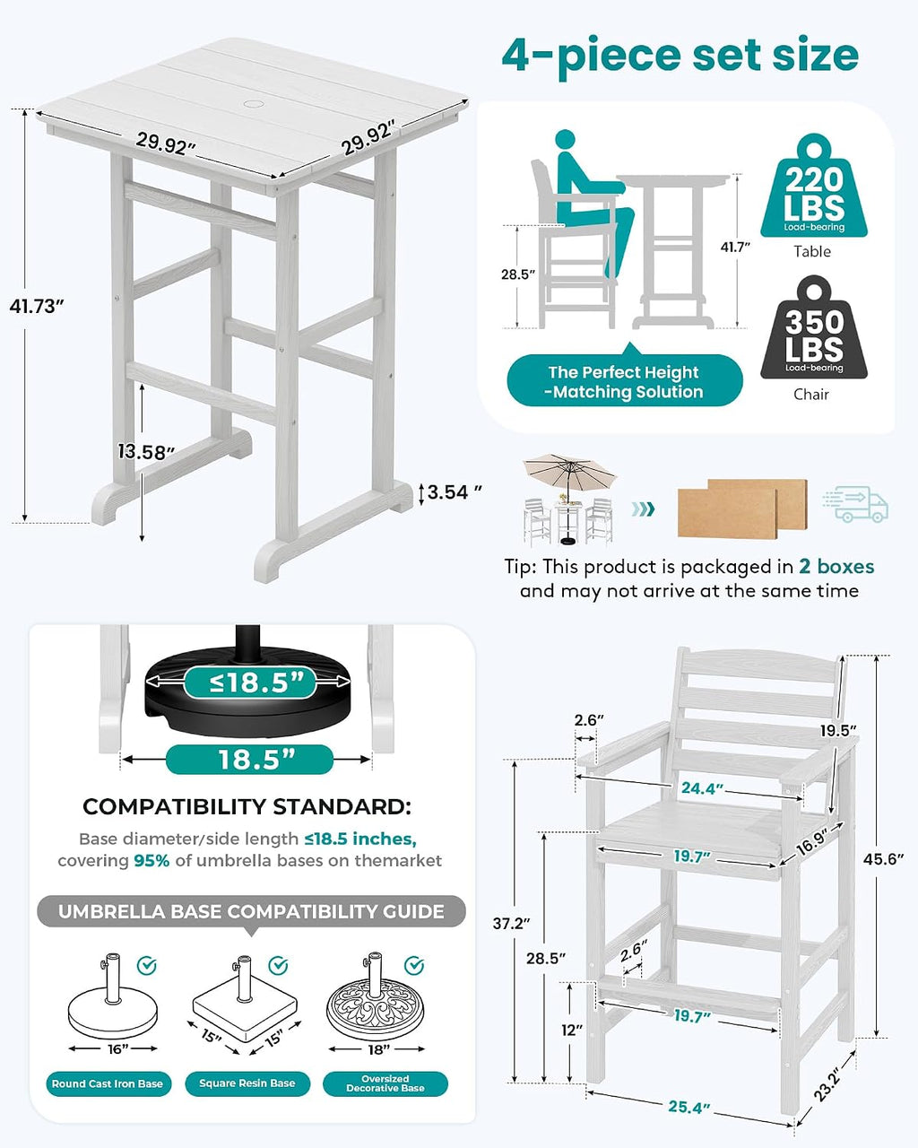 SERWALL 4 Pieces Outdoor Patio Bar Set with 9ft Umbrella, Outdoor HDPE Barstool and Table Furniture Set with Patio Umbrella, White