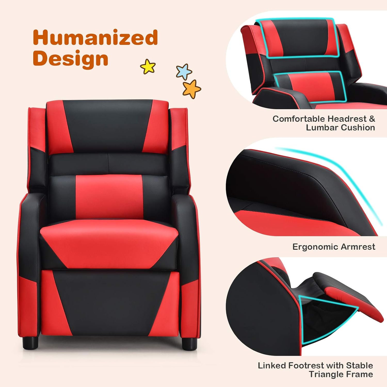 Giantex Kids Recliner, Gaming Recliner Chair with Footrest, Headrest & Lumbar Support, Ergonomic Leather Lounge Chair Toddler Furniture, Adjustable Racing Style Recliner Sofa for Boys Girls, Red