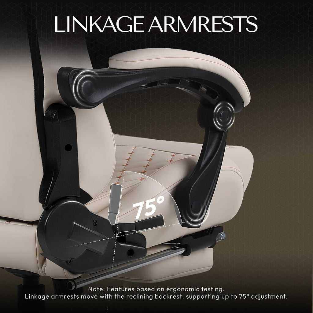 Dowinx Big & Tall Vintage Gaming Chair for Adults, 400 lb Capacity Heavy Duty Ergonomic Computer Chair with Massage Lumbar, Footrest & Easy Side Recline, Ivory