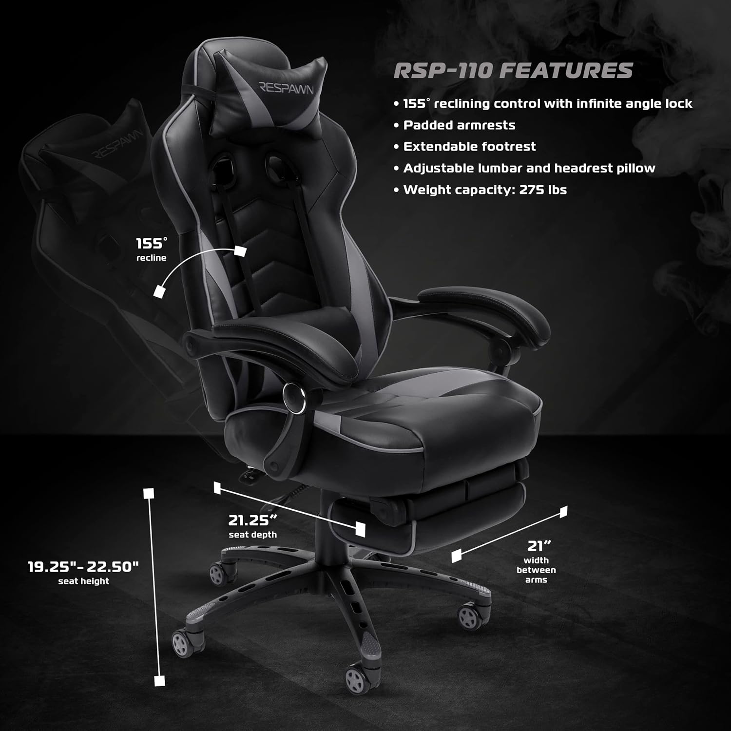 RESPAWN 110 Ergonomic Gaming Chair with Footrest Recliner - Racing Style High Back PC Computer Desk Office Chair - 360 Swivel, Adjustable Lumbar Support, Headrest Pillow, Padded Armrests - 2019 Grey
