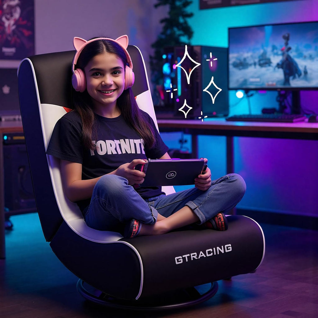 GTPLAYER Floor Gaming Chair Foldable Swivel Floor Chairs for Kids Boys Comfy Video Game Seat with 360° Multipurpose for Gamers, Bedroom or Game Room (Red/White)