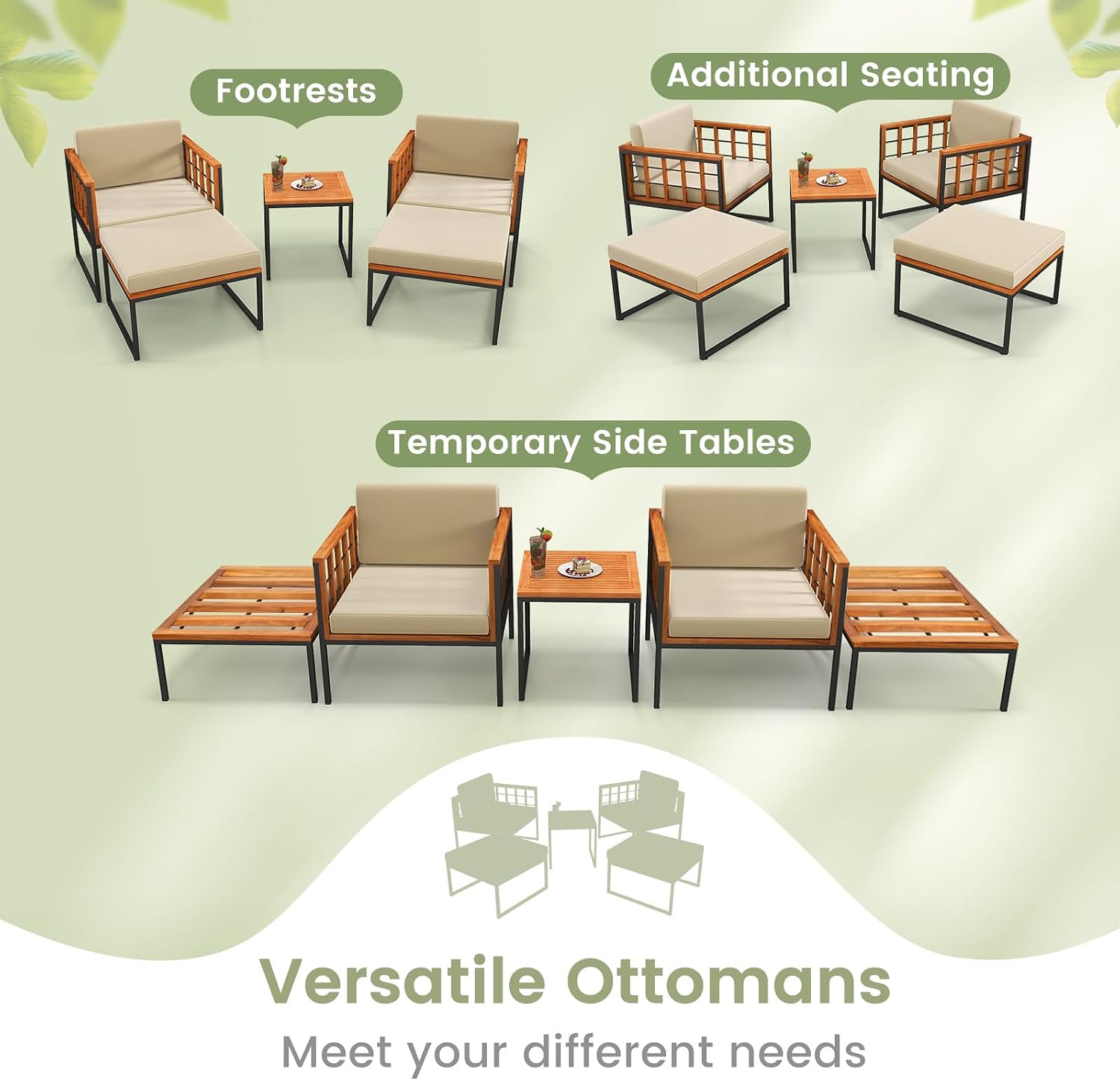 Tangkula 5 Pieces Acacia Wood Patio Furniture Set with Ottomans, Outdoor Conversation Set with Soft Cushions and Coffee Table for Poolside, Garden, Balcony and Backyard (Beige)