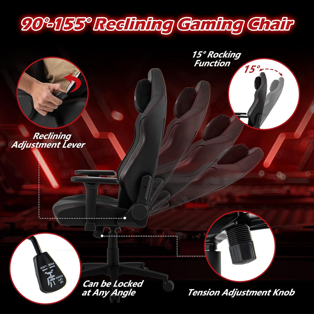 Giantex Gaming Chair, Video Game Chair with Magnetic Headrest & Lumbar Support, Ergonomic Computer Chair w/Rocking Function & 2D Armrests, Height Adjustable Swivel Task Chair, Black