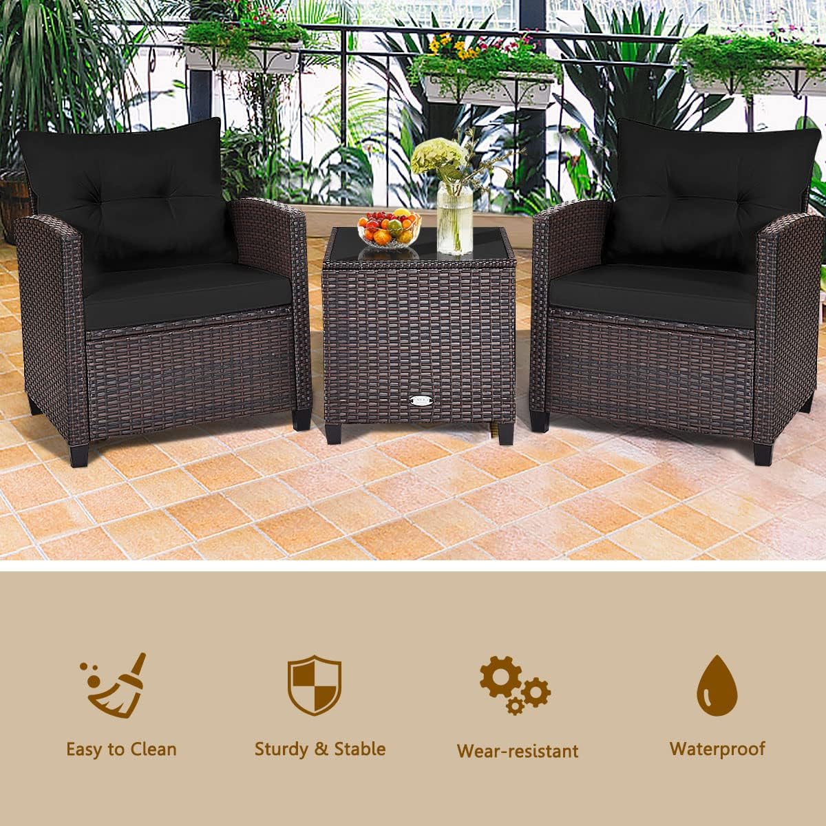 KOTEK 3 Piece Patio Furniture Set, Outdoor Conversation Set with Washable Cushions & Tempered Glass Tabletop, PE Rattan Wicker Bistro Set for Porch, Garden, Balcony (Black)