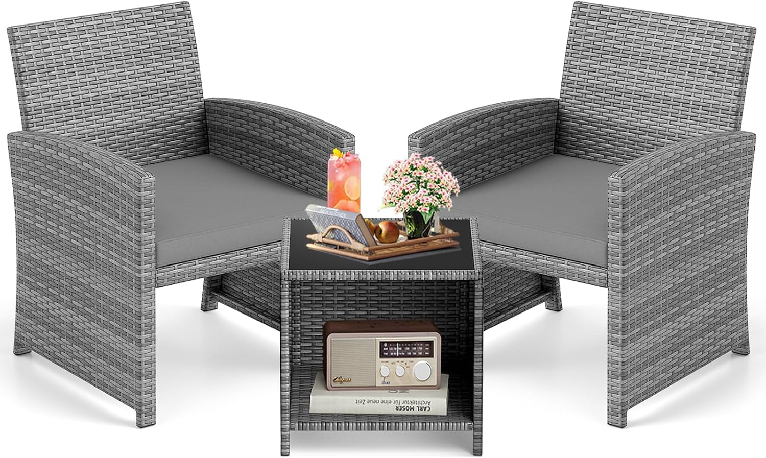 KOTEK 3 Piece Patio Furniture Set, Outdoor Wicker Patio Chairs with Cushions & Storage Table, PE Rattan Bistro Set for Porch, Backyard, Balcony (Grey)