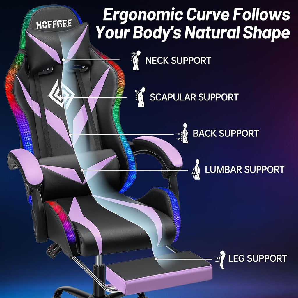 HOFFREE Gaming Chair Massage with Bluetooth Speakers and Led Lights Ergonomic Computer Gaming Chair with Footrest RGB Video Game Chair with High Back Lumbar Support Purple and Black
