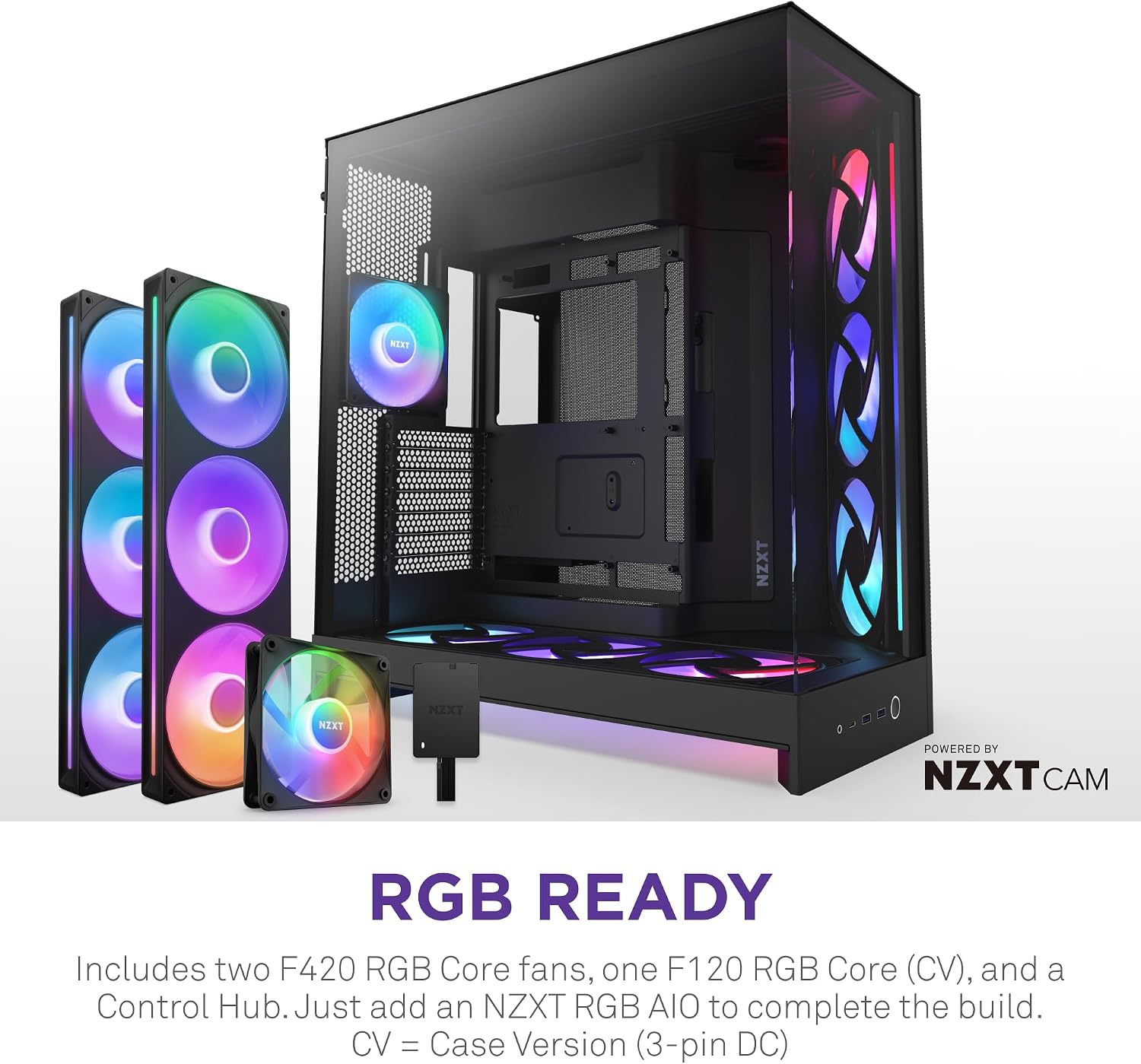 NZXT H9 Flow RGB+ (2025) – Large Dual-Chamber ATX Mid-Tower Airflow PC Case – Includes 7 RGB Fans (6 x 140mm, 1 x 120mm) & Control Hub – 420mm Radiator Support – Back-Connect Ready – Black