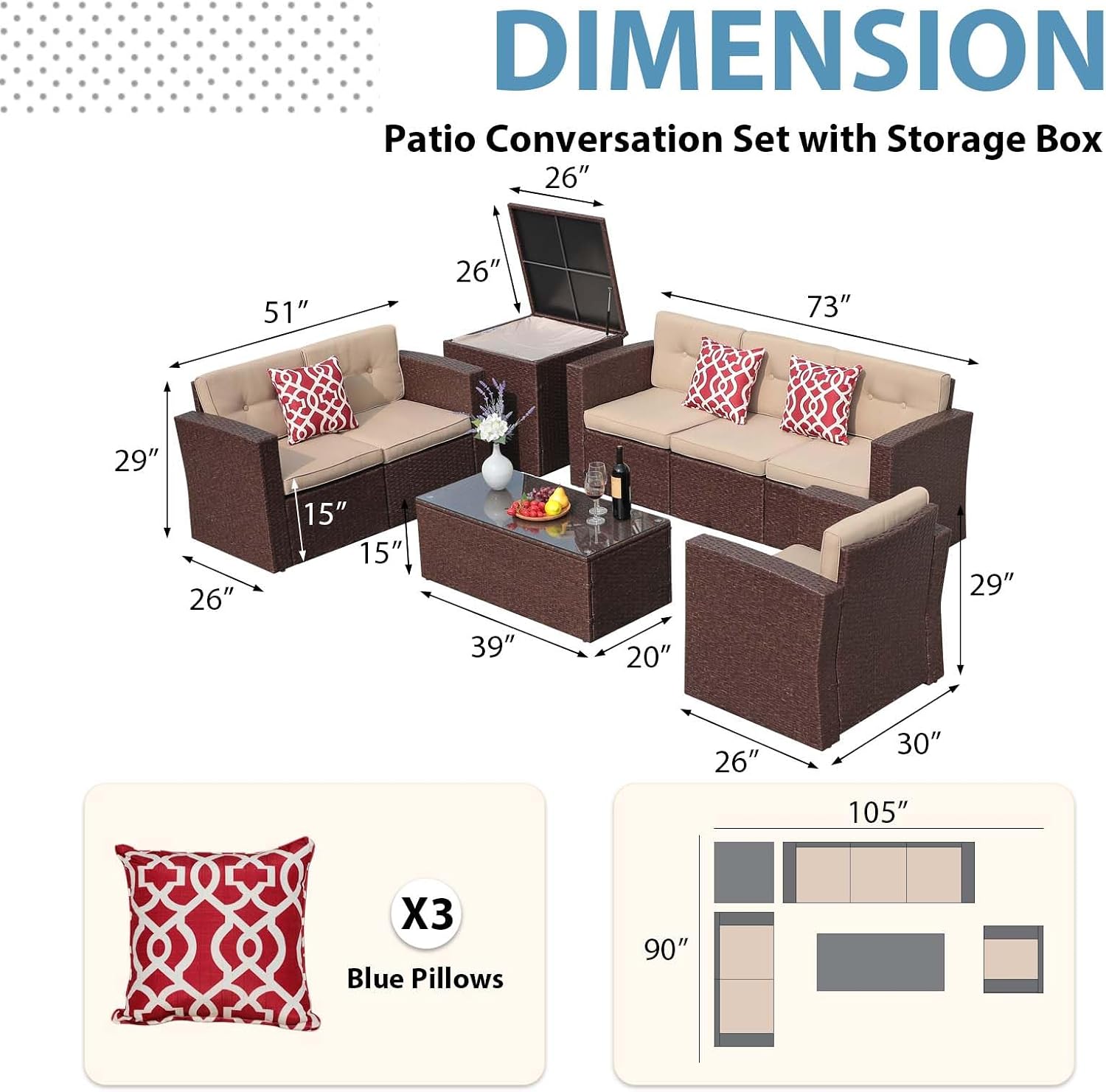 JOIVI 8 Pieces Outdoor Patio Furniture Set with 88 Gallon Storage Box, Rattan Wicker Patio Conversation Set with Coffee Tea Table, Outdoor Sectional Furniture Sofa Set with Cushions, Brown