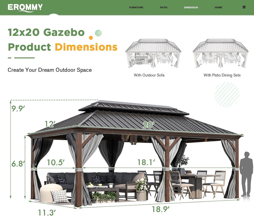 EROMMY 12'x20' Hardtop Gazebo, Galvanized Steel Double Roof with Wood Grain Aluminum Frame, Outdoor Permanent Metal Pavilion with Curtains and Nettings for Patio, Garden and Backyard