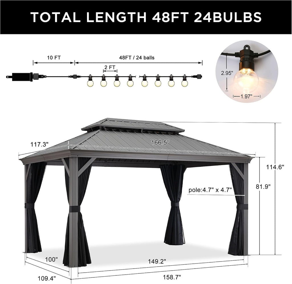 PURPLE LEAF 10' X 14' Outdoor Hardtop Gazebo with Galvanized Steel Double Roof Aluminum Frames Heavy Duty Pavilion Gazebo for Patio Deck Garden,Netting and Curtains Included, Light Grey