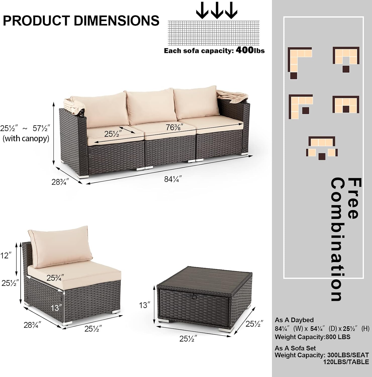 HOMREST 6 Pieces Patio Furniture Sets, Rattan Daybed with Retractable Canopy, Outdoor Sectional Sofa Set with Adjustable Backrest, Chaise Chair Sunbed for Garden Poolside Backyard(Khaki)