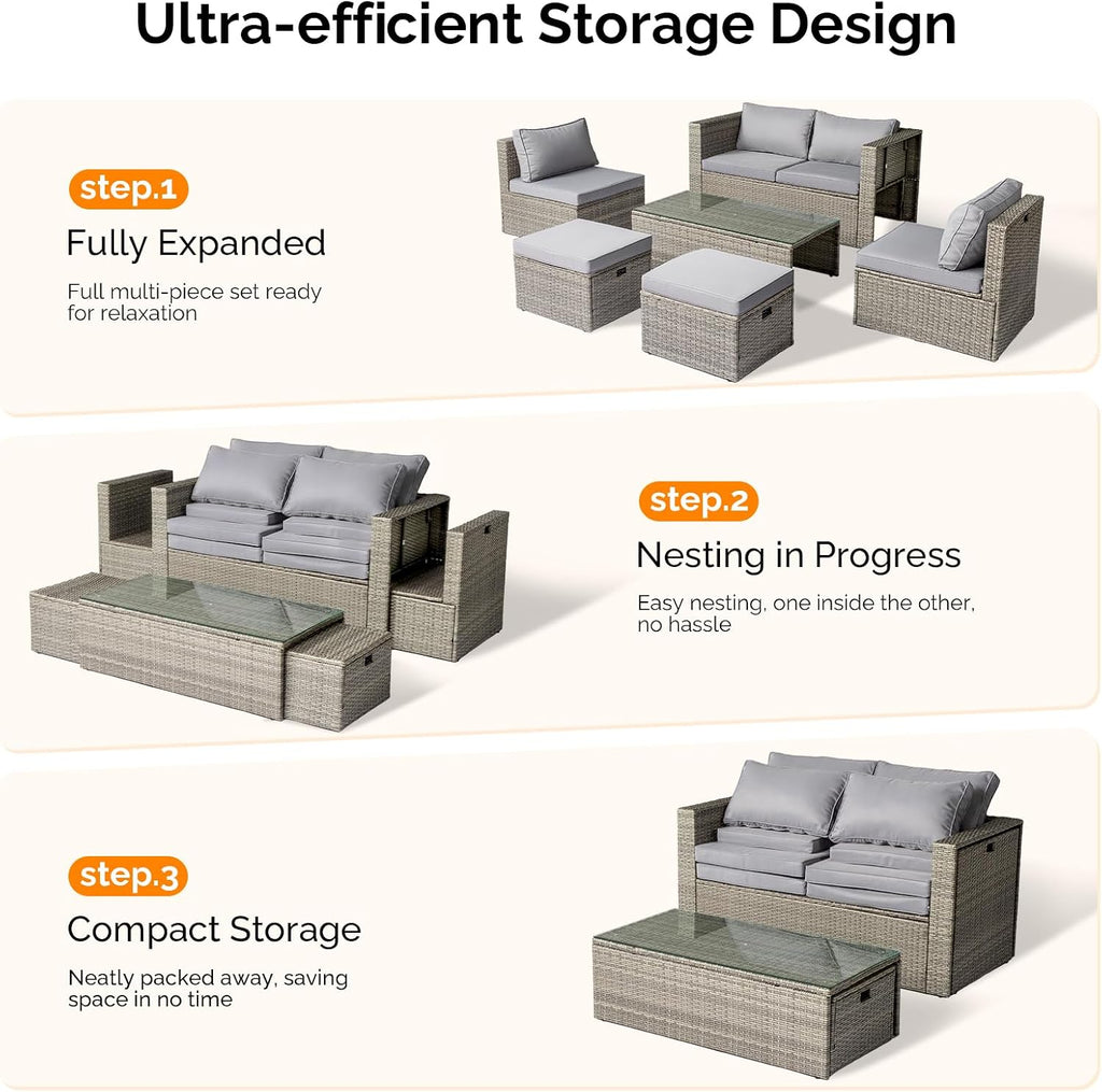 VINGLI 6 Pieces Wicker Patio Furniture Set, Outdoor Sectional Furniture Patio Conversation Set Space-Saving Design with Ottomans and Coffee Table for Garden,Poolside, Backyard(Grey)