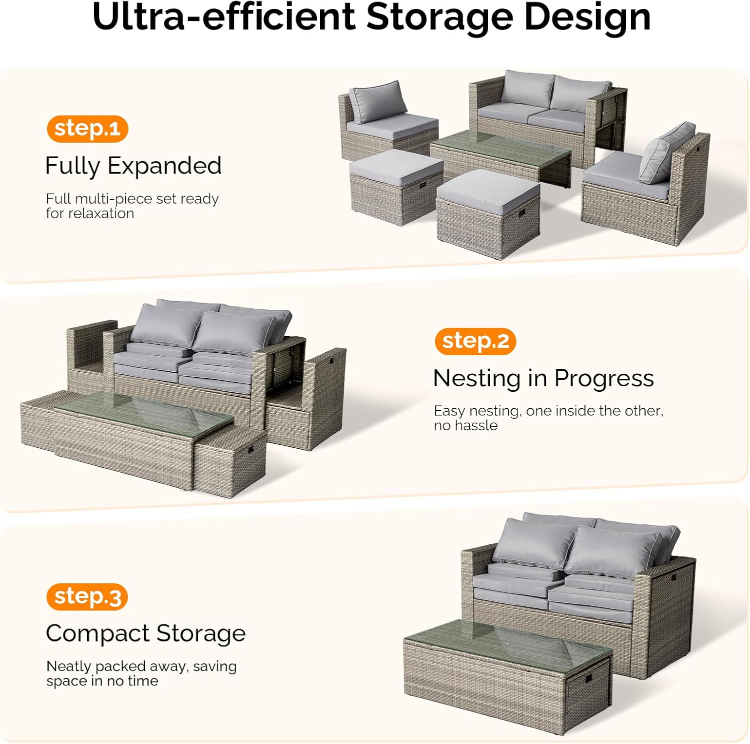 VINGLI 6 Pieces Wicker Patio Furniture Set, Outdoor Sectional Furniture Patio Conversation Set Space-Saving Design with Ottomans and Coffee Table for Garden,Poolside, Backyard(Grey)