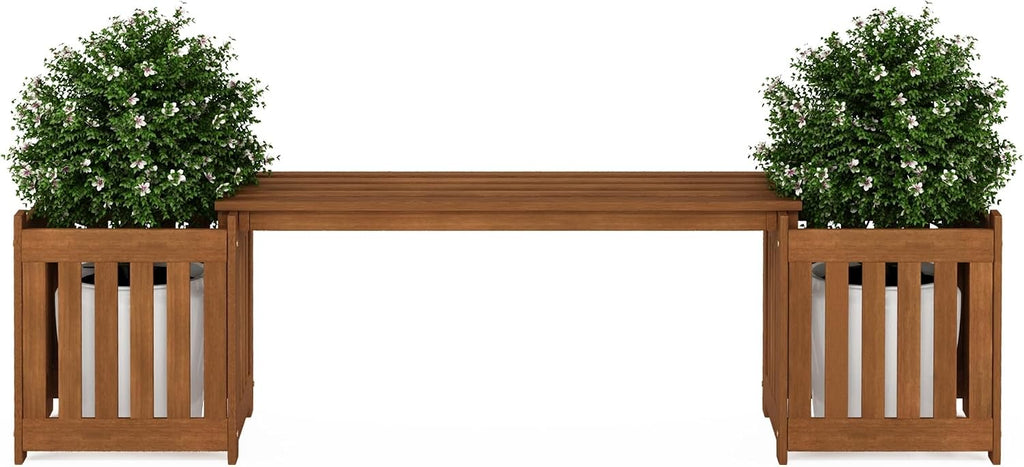 Furinno TIOMAN Planter Box with Bench, Hardwood Flower Box with Seat, Cube Garden Box, in Teak Oil, Outdoor Indoor, Garden, Patio, Balcony, Light Wood