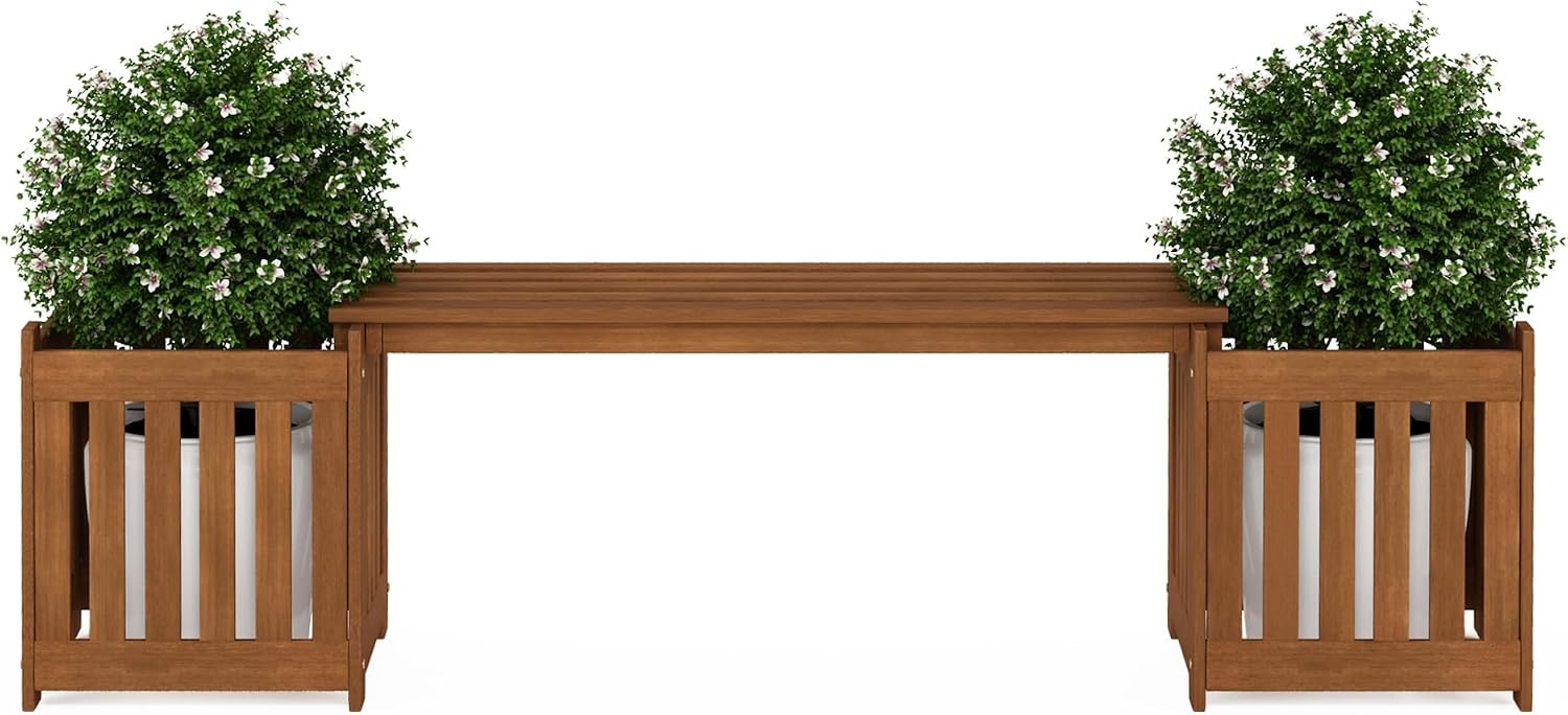 Furinno TIOMAN Planter Box with Bench, Hardwood Flower Box with Seat, Cube Garden Box, in Teak Oil, Outdoor Indoor, Garden, Patio, Balcony, Light Wood