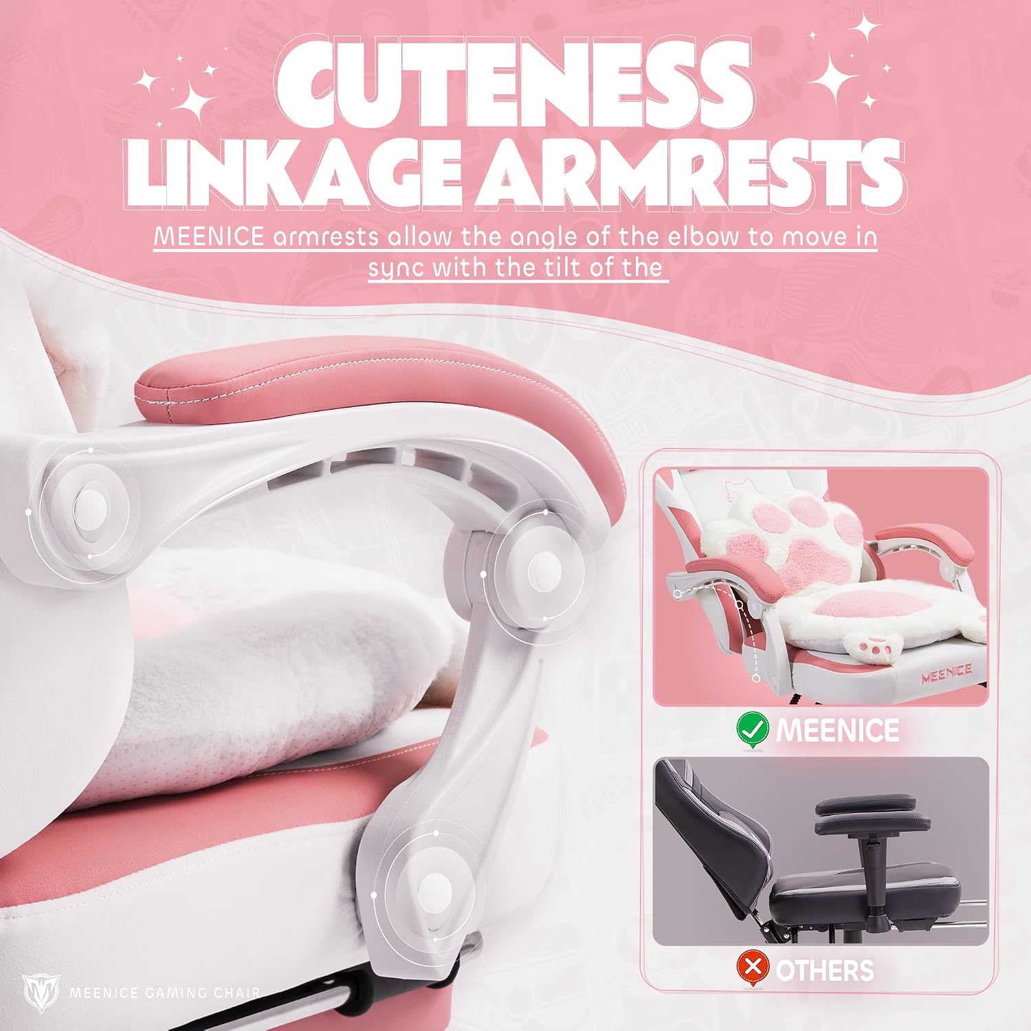 Pink Gaming Chair Cute with Cat Ears Paw Lumbar and Cushion,Ergonomic Computer Chair with Footrest,Reclining PC Game Chair for Girl Computer Chair 300lbs for Adult