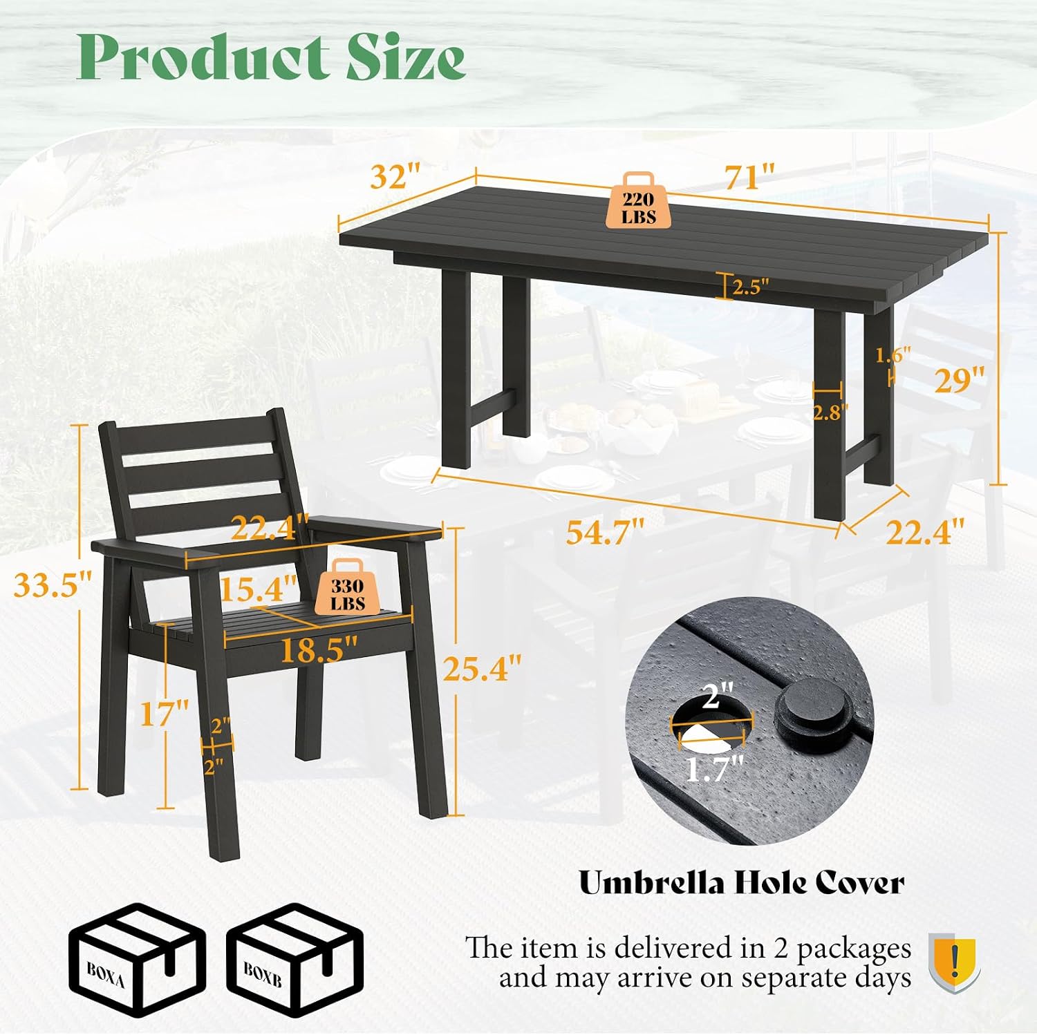 AMERLIFE 7-Piece HDPE Outdoor Dining Table Set with 6 Chairs, 71' L Patio Dining Furniture Set with Umbrella Hole, Modern Dinner Table & Chairs Set for Garden, Backyard, Poolside, Black