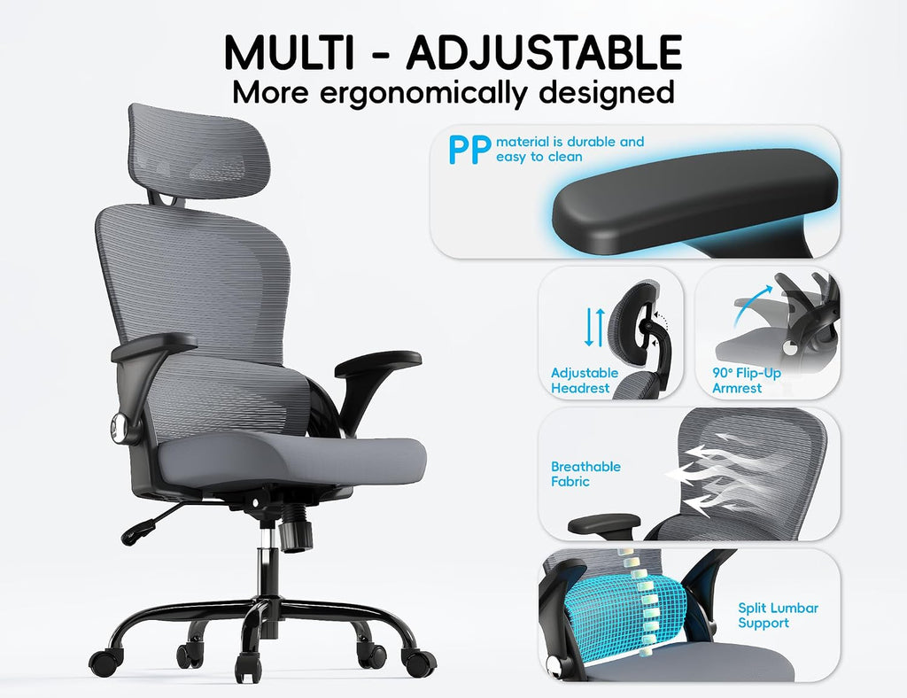 TRALT Office Chair - Ergonomic Office Chair with Back Support, Home Office Desk Chairs, 330lbs Wide Seat Big and Tall Office Chairs with Headrest, Comfy Desk Chairs (Grey Black)