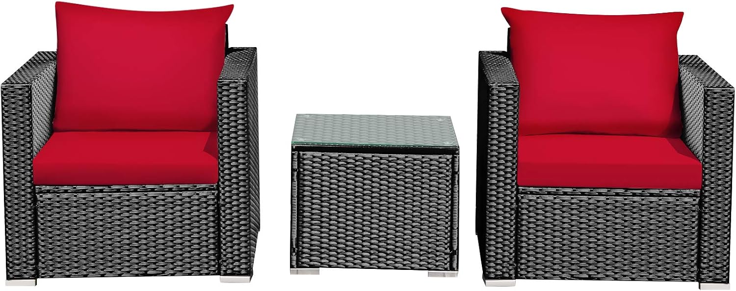 Tangkula 3 Pieces Patio Furniture Set, PE Rattan Wicker Sofa Set w/Washable Cushion and Tempered Glass Tabletop, Outdoor Conversation Furniture for Garden Poolside (Red)