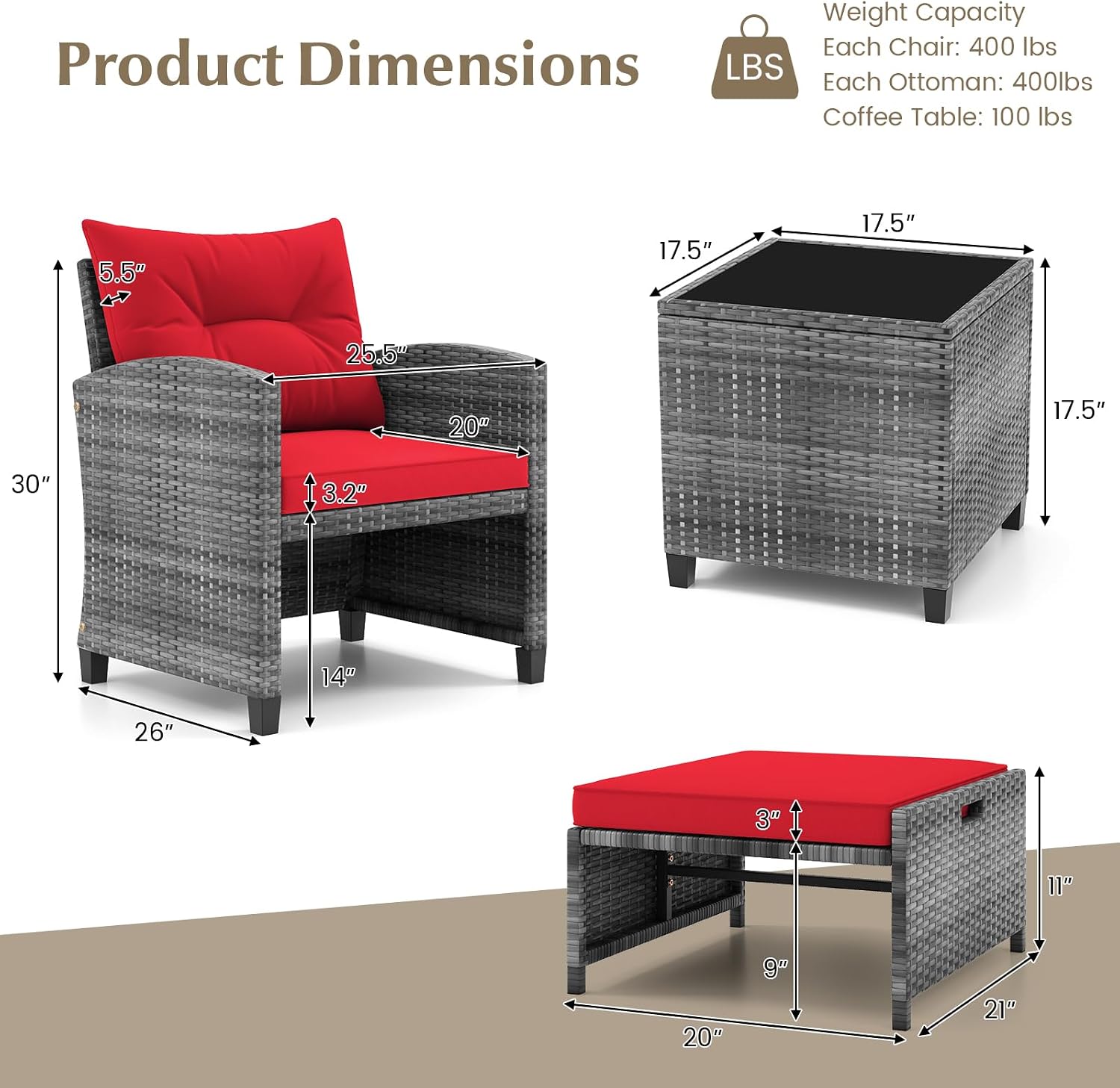 KOTEK 5 Pieces Patio Furniture Set with Ottomans, Wicker Patio Conversation Set with Coffee Table & Cushions, PE Rattan Outdoor Lounge Chairs for Backyard, Porch, Poolside (Mix Grey- Red)