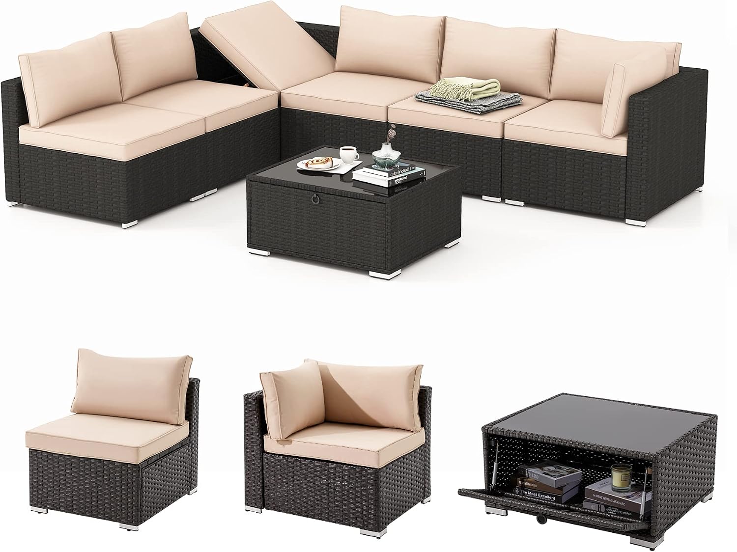 HOMREST 7 Piece Outdoor Patio Furniture, Hand Woven PE Rattan Patio Conversation Sets, Outdoor Sectional Set with Storage Table, Cushions and Pillows, Lift Sofa for Garden, Balcony, Lawn