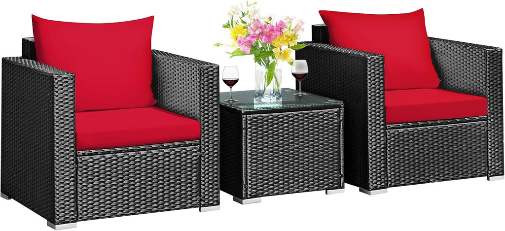 Tangkula 3 Pieces Patio Furniture Set, PE Rattan Wicker Sofa Set w/Washable Cushion and Tempered Glass Tabletop, Outdoor Conversation Furniture for Garden Poolside (Red)