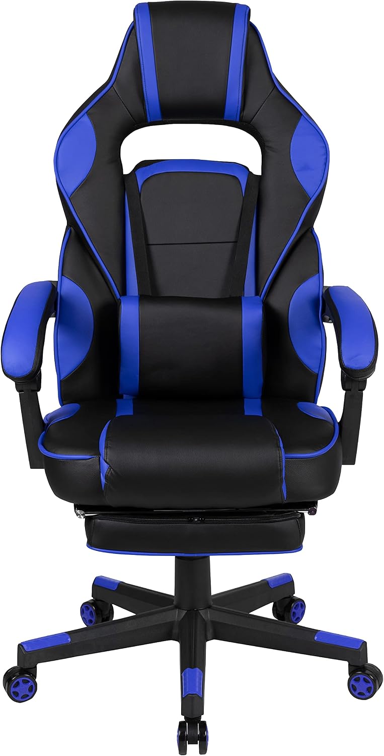 Flash Furniture X40 Gaming Chair Racing Ergonomic Computer Chair with Fully Reclining Back/Arms, Slide-Out Footrest, Massaging Lumbar - Black/Blue